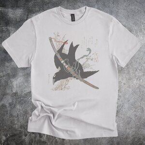 Samurai Crow with Katana Art Graphic Tee Japanese Bird Sword Shirt